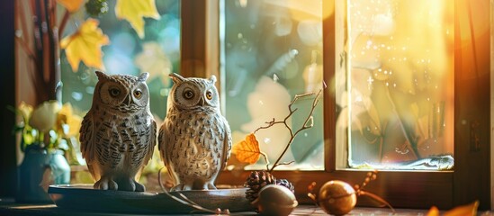 Wall Mural - Owl ornaments sitting on a tray near a window in the sun. Copy space image. Place for adding text and design