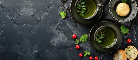 Green tea, bagel and currant. Copy space image. Place for adding text and design
