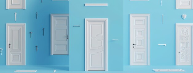 Wall Mural - Blue background, white doors, banner. 3D illustration