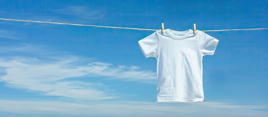 White boys T-shirt on clothes line against blue sky. Copy space image. Place for adding text or design