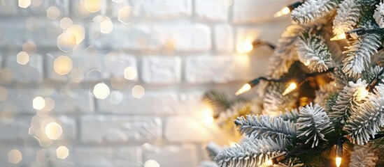 Wall Mural - white brick wall christmas background with shiny lights. Copy space image. Place for adding text or design