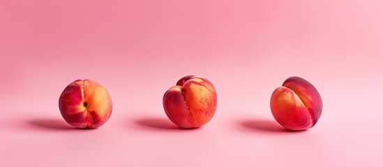 Canvas Print - Three ripe peach, Isolated on pastel background Food. Copy space image. Place for adding text and design