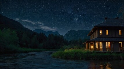 Wall Mural - Cozy cabin by the river under a starry night sky