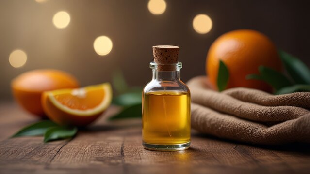 Orange essential oil with fresh oranges and bokeh lights