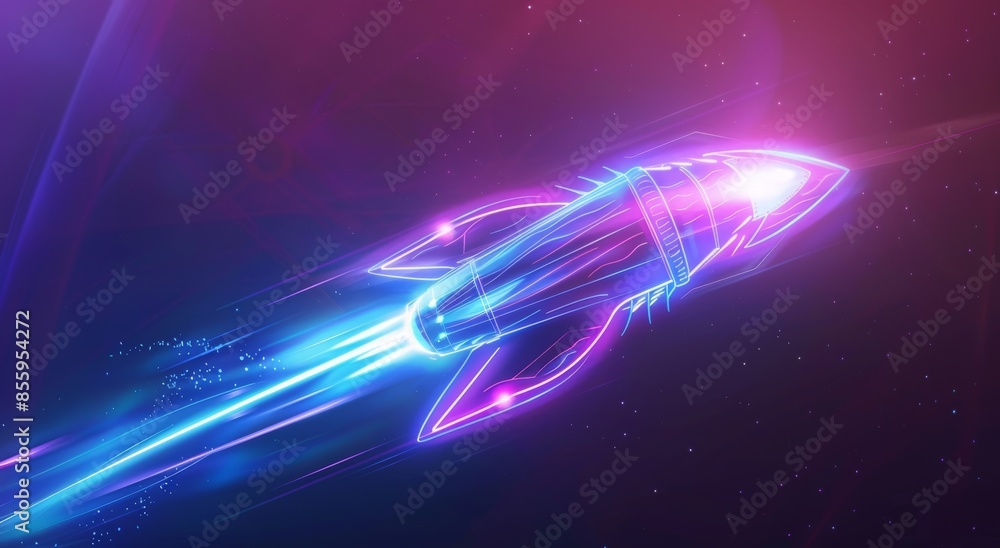An illustration of a rocket launch and stars lighting up the night ...
