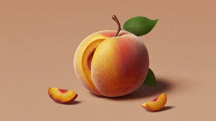 Wall Mural - Ripe peach with a slice cut out on neutral background