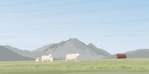 Minimalist landscape grass hill with sheepes family, far away have old barn and mountain ranges graphic illustrated have blank space.