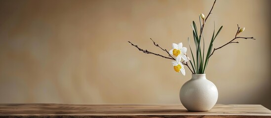 Sticker - Stylish ikebana with beautiful yellow narcissus flower carrying cozy atmosphere at home. Copy space image. Place for adding text and design