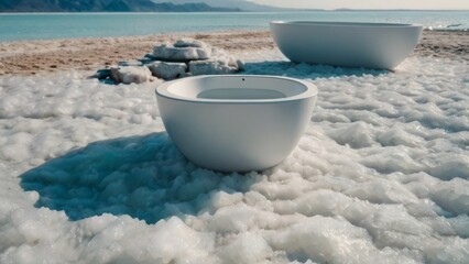 Modern bathtubs on a salt-covered beach