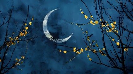 Wall Mural - Night sky plum blossoms and moon illustration poster background