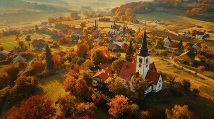Village. Aerial View of Czech Village Cakov with Church of Saint Leonard in Autumn