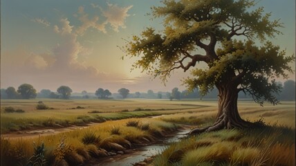 Wall Mural - Serene Landscape with Tree and Stream at Sunset