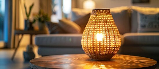 Wall Mural - a beautiful woven woolen lamp on the table. Copy space image. Place for adding text and design