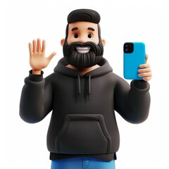 Wall Mural - This is a 3D render illustration of a man in a black hoodie watching presentations on a mobile phone