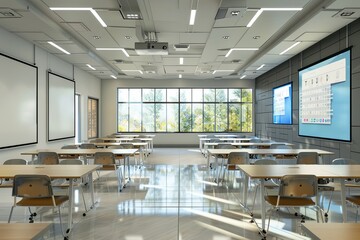 Poster - An image showcasing a contemporary classroom with interactive panels, AI assistants, and modern design. Generative AI