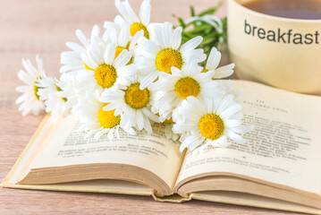 Wall Mural - Summer morning withe whie daisies on open book and mug of coffee