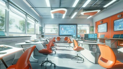 Poster - A modern, inviting classroom equipped with interactive panels and AI assistants, enhancing the learning experience for students. Generative AI