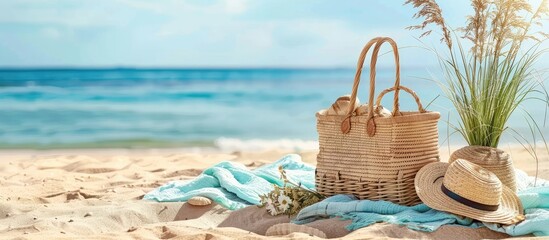 Wall Mural - Having picnic with fresh bread, straw bag and hat on blanket at sandy beach over sea shore at background. Summer season. Vacation time. Copy space image. Place for adding text and design
