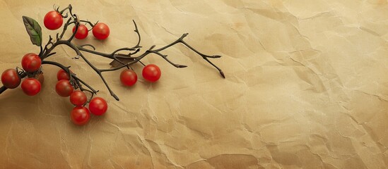 Wall Mural - on a brown background in the paper is a branch with small red tomatoes pastel background. Copy space image. Place for adding text and design