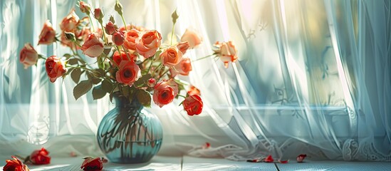 Wall Mural - Beautiful roses flowers in vase on the table against transparent curtain. Copy space image. Place for adding text and design