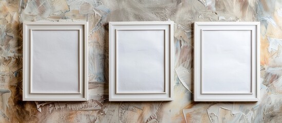Wall Mural -  Three white frame templates on a decorative stone wall.     . Copy space image. Place for adding text and design