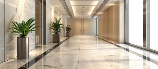 Poster - long empty corridor in interior of entrance hall of modern apartments, office or clinic. Copy space image. Place for adding text and design