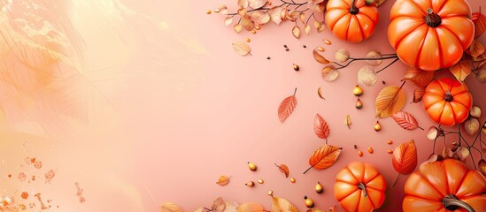 Wall Mural - Pumpkin, leaves and small pumpkins on pastel background. Copy space image. Place for adding text and design