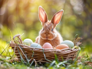 Wall Mural - A rabbit is sitting in a basket full of eggs