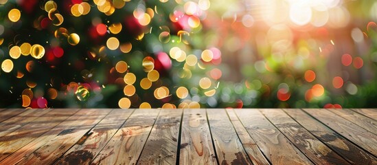 Wall Mural - Empty wood table or shelf top on blur bokeh christmas tree background. For products display or montage. Copy space image. Place for adding text and design