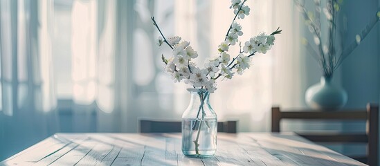 Vase with beautiful blossoming branches on dining table in kitchen. Copy space image. Place for adding text and design