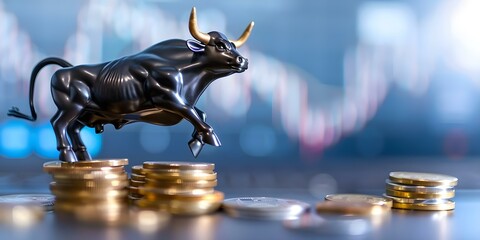 Wall Mural - Metal bull statue leaping over coin stacks with data backdrop representing investment opportunities. Concept Art, Finance, Investing, Bull Market, Data Analysis