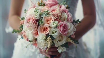 Wedding Bouquet. Beautiful Pink and White Flowers in Bride's Hands