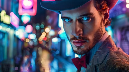 Canvas Print - A man in a suit and hat with mustache on the street, AI