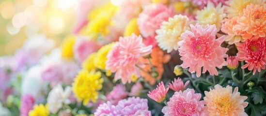 Wall Mural - Lots of light colored chrysanthemums in bouquets for sale pastel background. Copy space image. Place for adding text and design