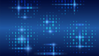 Fototapete - Blue background with data flow. Binary code, artificial intelligence. Program code. Computer background of numbers. Analytics, sorting, structuring, information transfer.