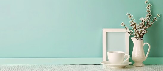 Poster - Photo frame and white coffee cup, vase on mosaic tile table. mint wall background. home interior. Copy space image. Place for adding text and design