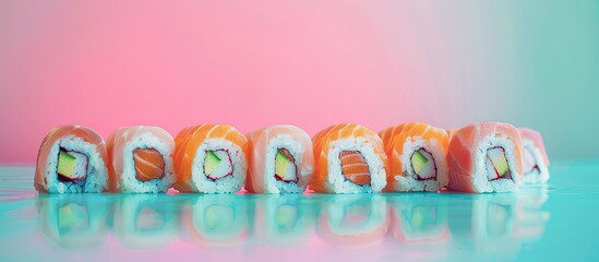 Wall Mural - A colorful set of Japanese sushi Maki rolls with salmon, tuna and photo pastel background. Copy space image. Place for adding text and design