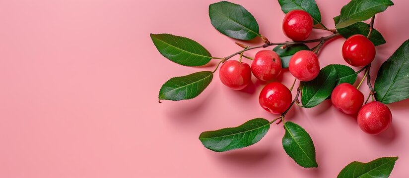 Acerola cherry with green leafs Isolated on pastel background.With clipping path. Copy space image. Place for adding text and design