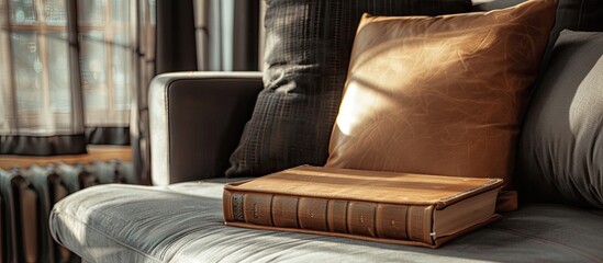 Wall Mural - a brown leather book that is laied or placed or leaned on black and brown pillows is are on gray fabric sofa.in living room. Copy space image. Place for adding text and design