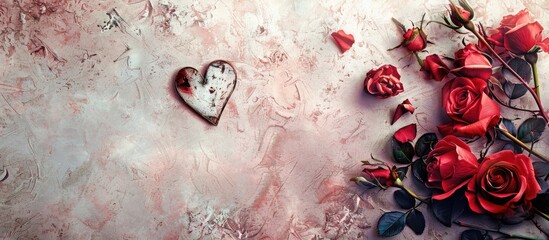 Wall Mural - Valentines Day background with heart and roses. Vintage style. Copy space image. Place for adding text or design