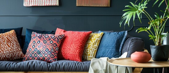 Wall Mural - Patterned cushions on sofa next to wooden table and plant in dark apartment interior. White background. Real photo. Copy space image. Place for adding text and design