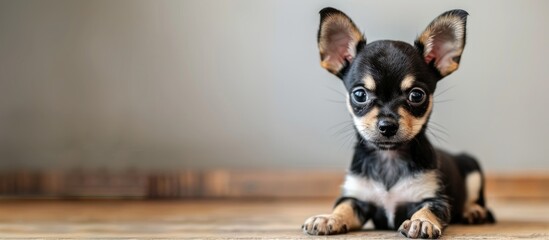 Wall Mural - Chihuahua puppy at home on the table. Copy space image. Place for adding text and design