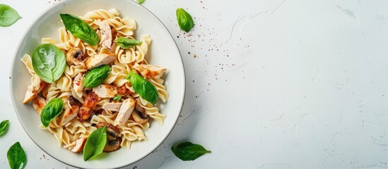 Wall Mural - Pasta mushrooms with chicken, parmesa and basil on white backgroun, copy space, top view