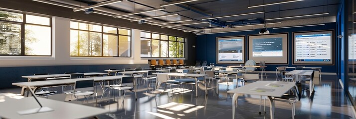 Fototapete - A contemporary classroom or study space designed for modern learning, featuring interactive panels and AI assistants. Generative AI