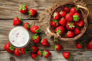 Sticker - Strawberry shake with milk in glass on wooden table with basket full of strawberries in nature. Top view.