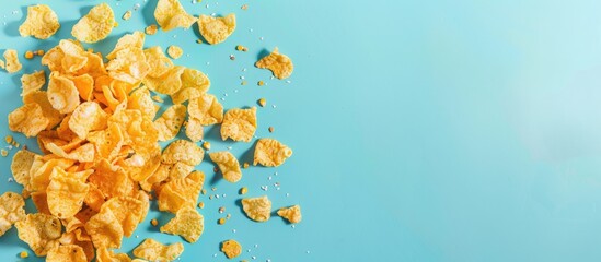 Canvas Print - A little pile of sweetened corn flakes cereals/integral flakes on pastel background (isolated). Copy space image. Place for adding text and design