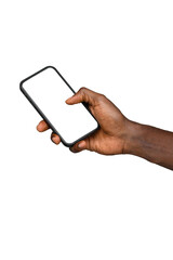 Close-up of a african businessman hand holding a smartphone white screen is blank transparent background