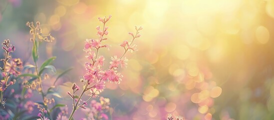 Wall Mural - The beauty of the flowers in the garden Softfocus image and filter lens flare pastel background. Copy space image. Place for adding text and design