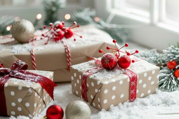 Wall Mural - Studio shot of Christmas gifts on white table