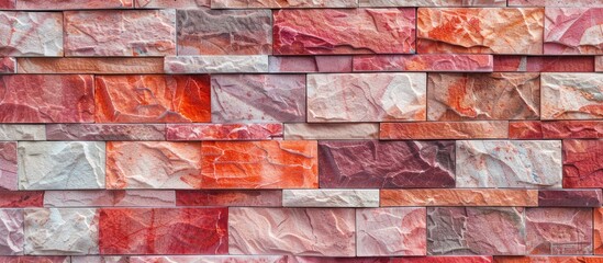 Poster - pattern red color of modern style design decorative laterite stone wall surface with cement. Copy space image. Place for adding text and design